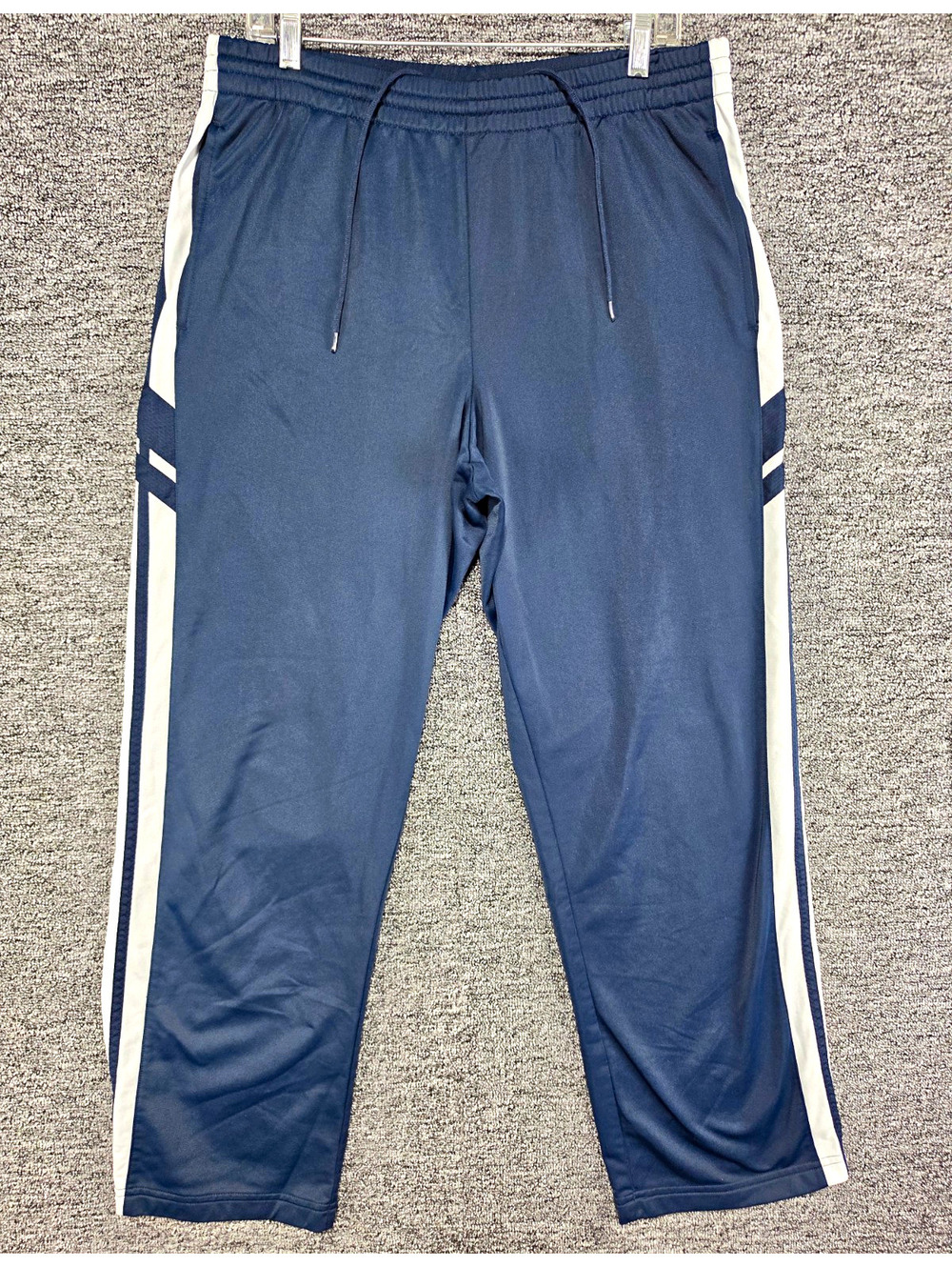 TEK GEAR Men's Track Pants Size L Blue/White Side Stripe Drawstring Pockets 31"